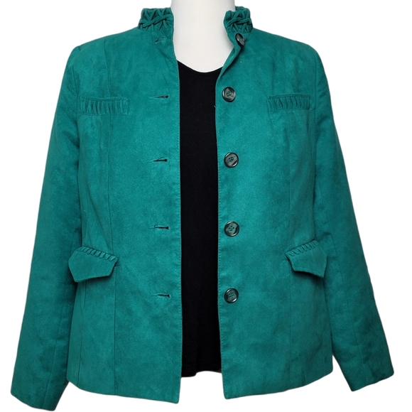ALIA Jacket Blazer Button Down Faux Suede Green Size 6P - Picture 2 of 10